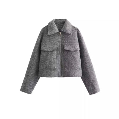 Autumn Jacket - Short - Pockets - Zip-Up Jacket - Woolen Jacket for Women-Grace Aura