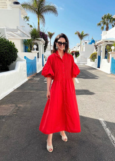 Bella - Red Dress with Puffed Sleeves for Women Summer Wear-Grace Aura