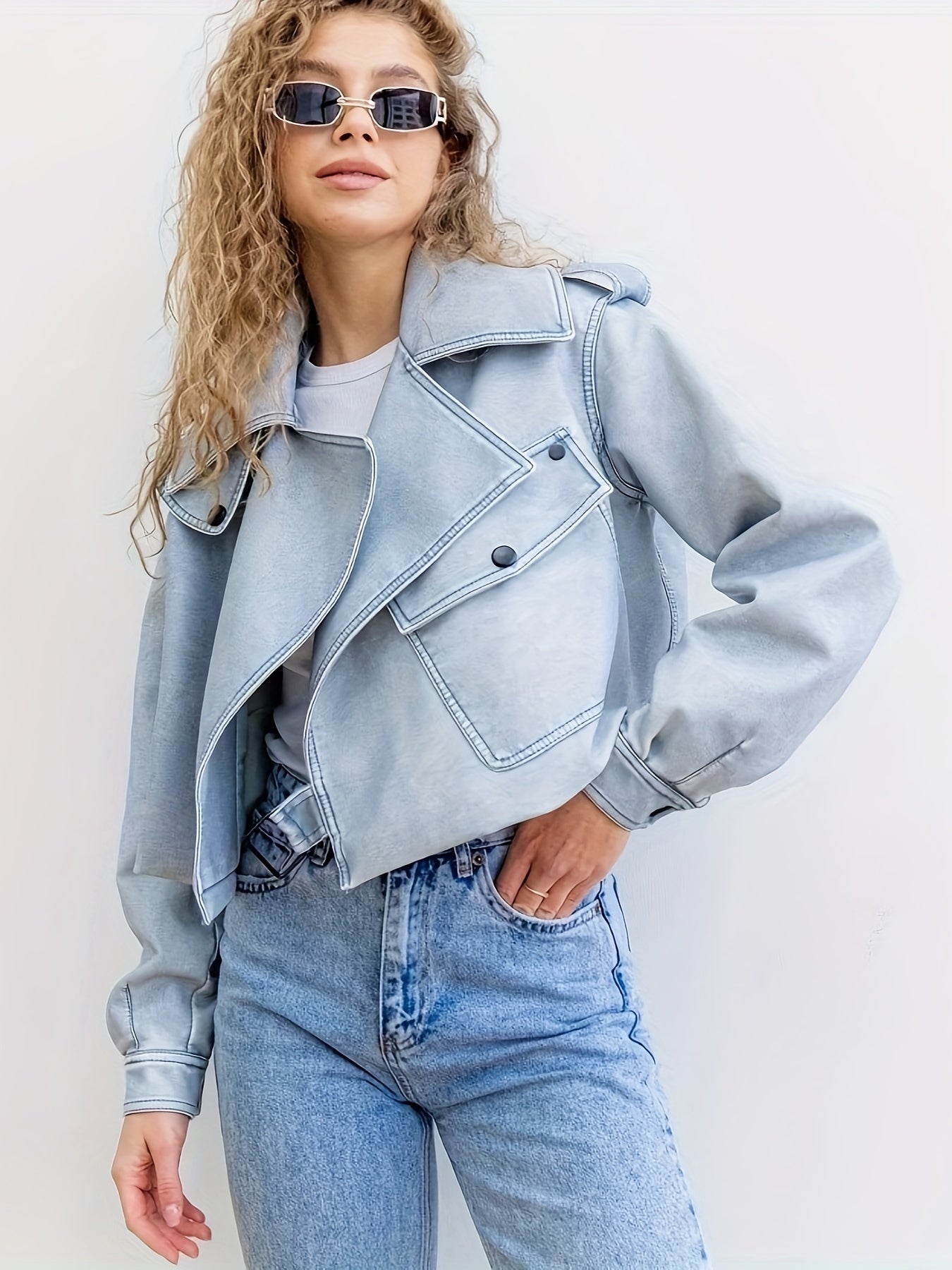 Biker Jacket - Light Blue - Zippers - Cropped Jacket - Women's Jacket -Grace Aura