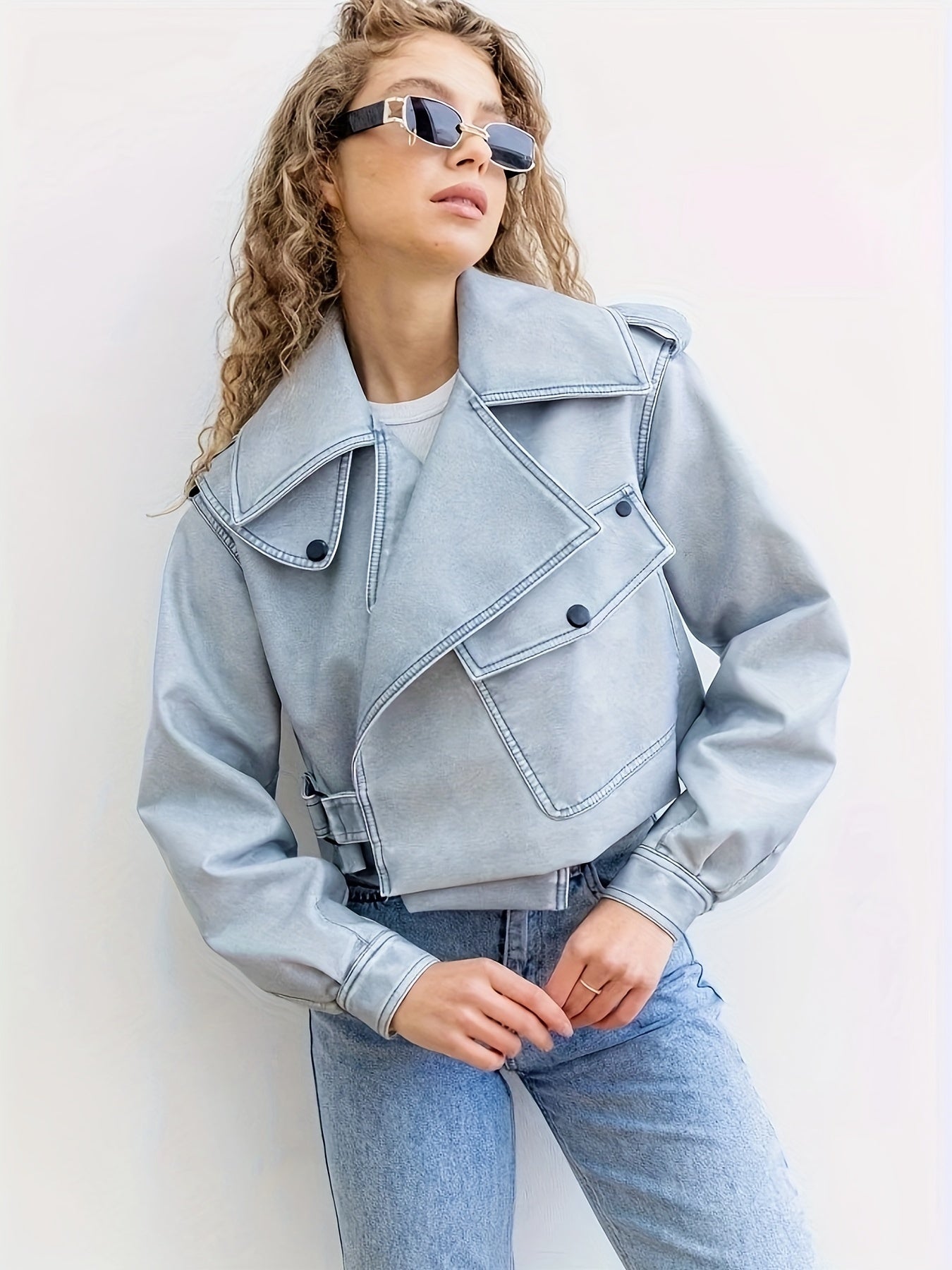 Biker Jacket - Light Blue - Zippers - Cropped Jacket - Women's Jacket -Grace Aura