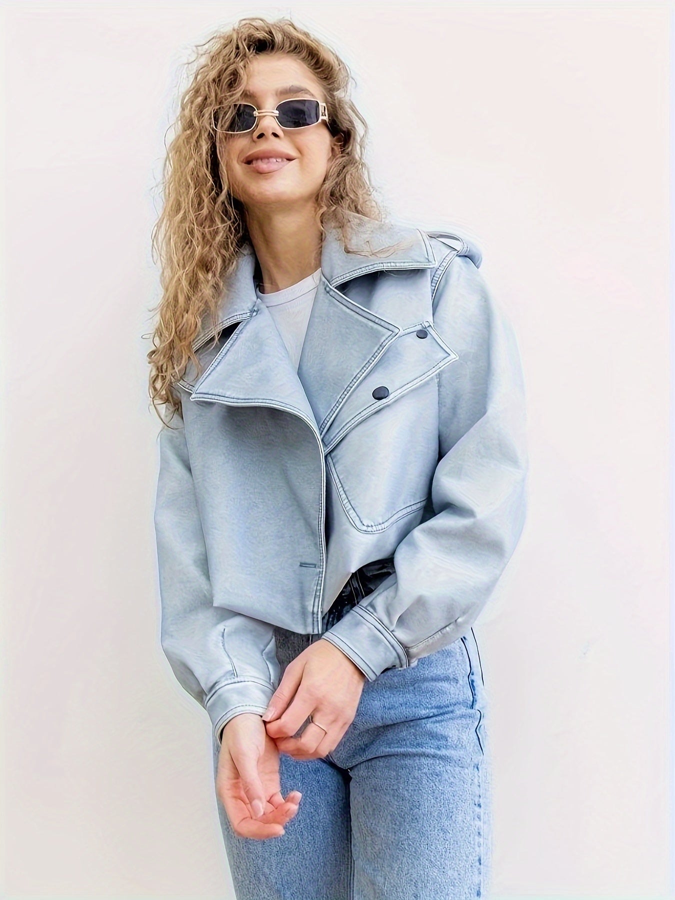 Biker Jacket - Light Blue - Zippers - Cropped Jacket - Women's Jacket -Grace Aura