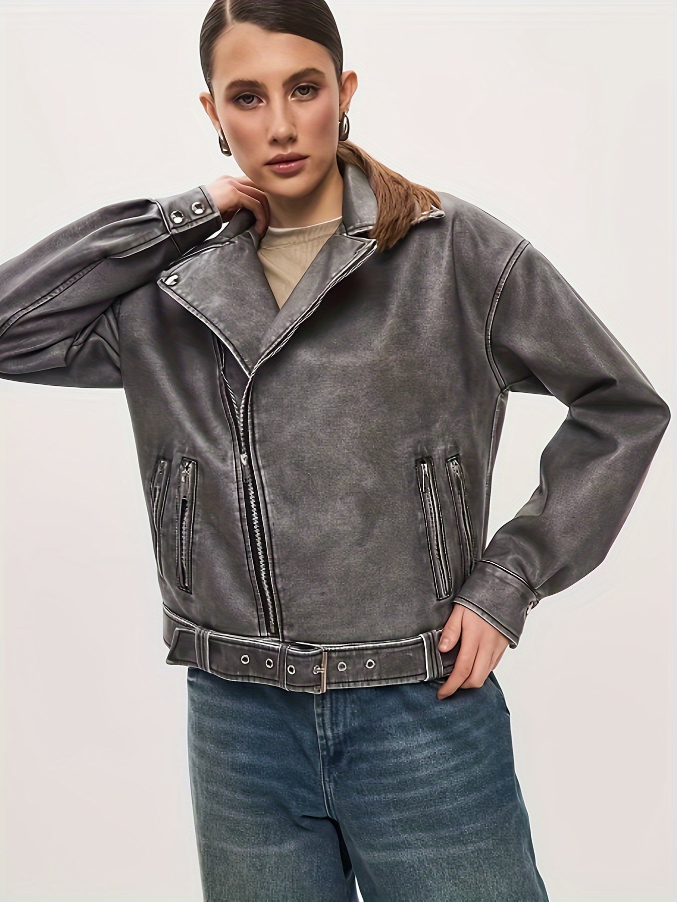 Biker Jacket - Women's Oversized Leather Jacket with Belt-Grace Aura