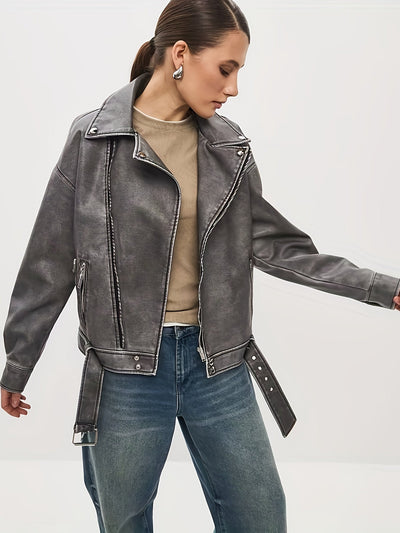 Biker Jacket - Women's Oversized Leather Jacket with Belt-Grace Aura