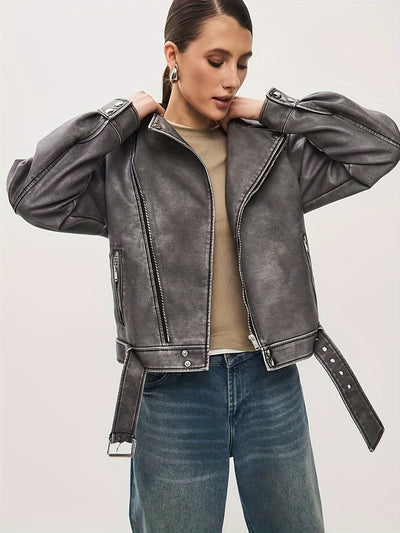 Biker Jacket - Women's Oversized Leather Jacket with Belt-Grace Aura