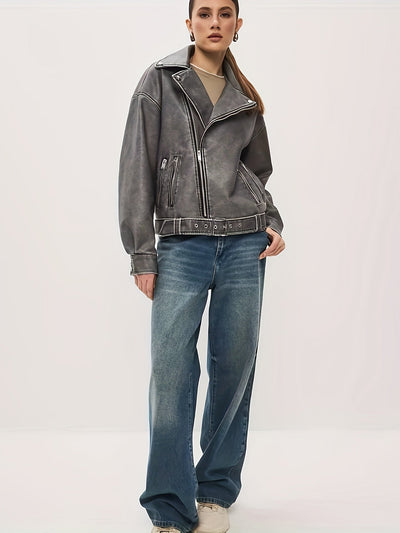 Biker Jacket - Women's Oversized Leather Jacket with Belt-Grace Aura