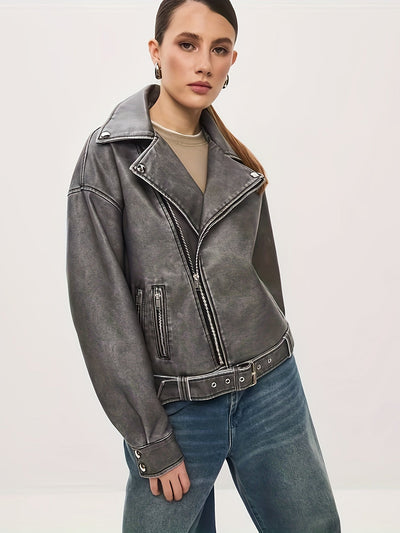 Biker Jacket - Women's Oversized Leather Jacket with Belt-Grace Aura