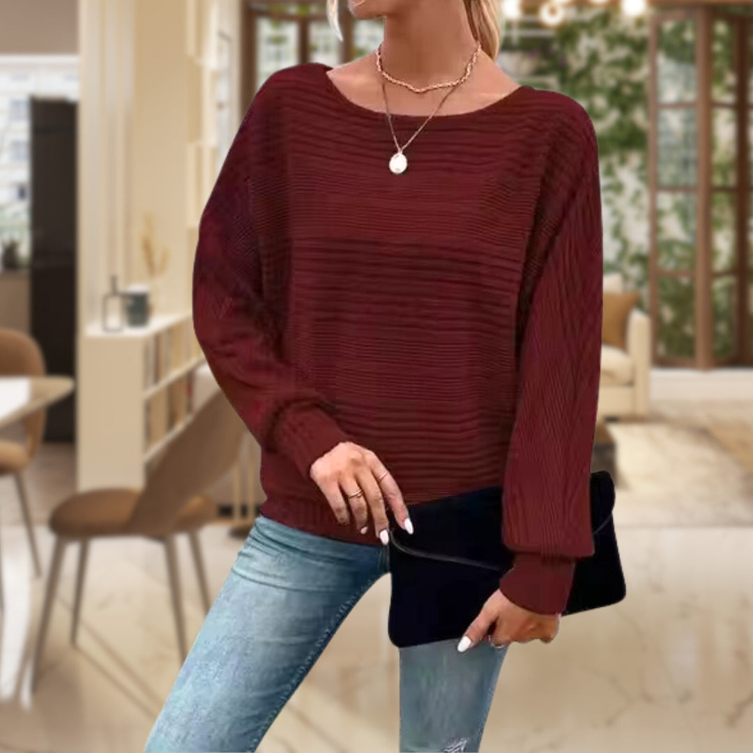 Boat Neck Sweater - Women's Long Sleeve Knitted Pullover Sweater -Grace Aura