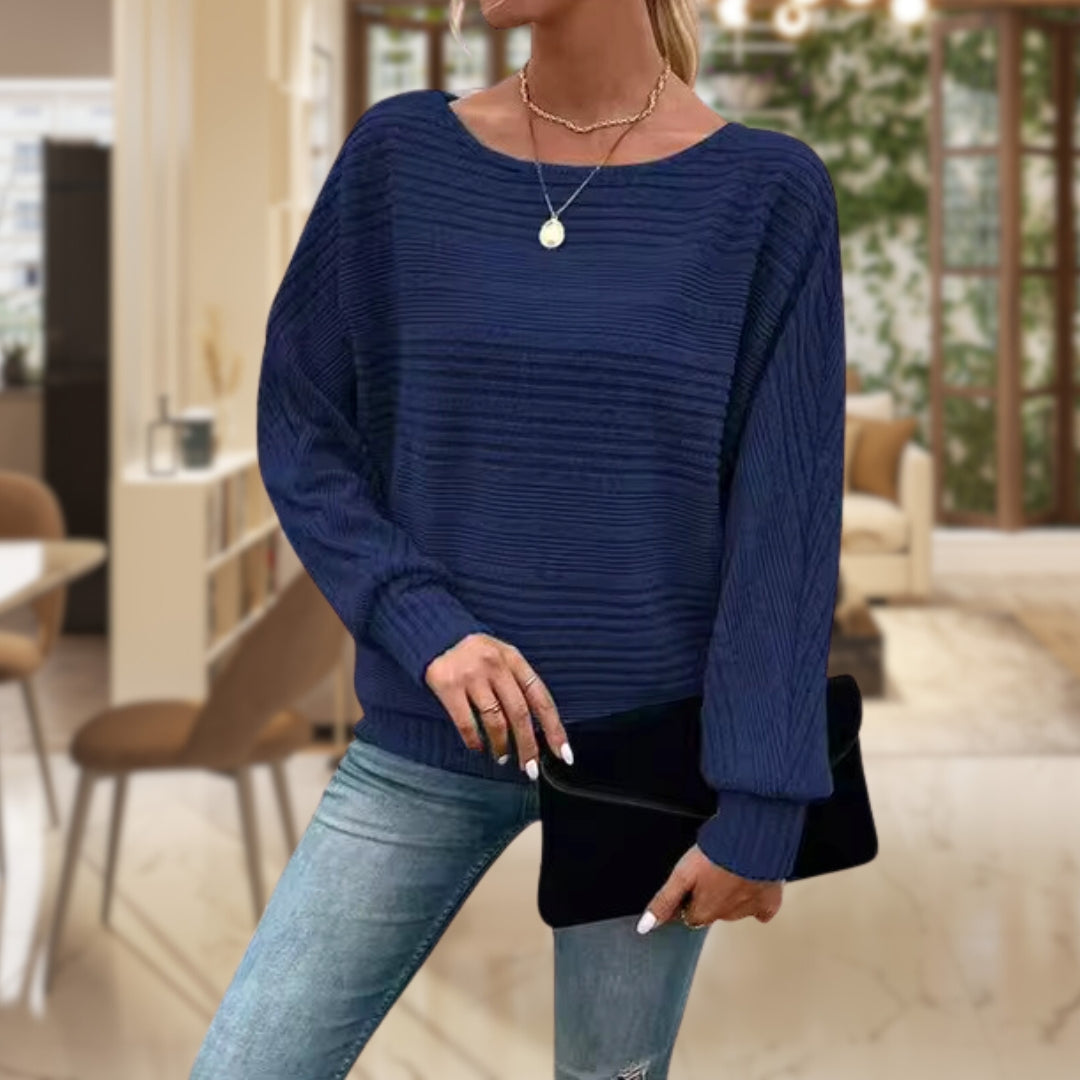 Boat Neck Sweater - Women's Long Sleeve Knitted Pullover Sweater -Grace Aura