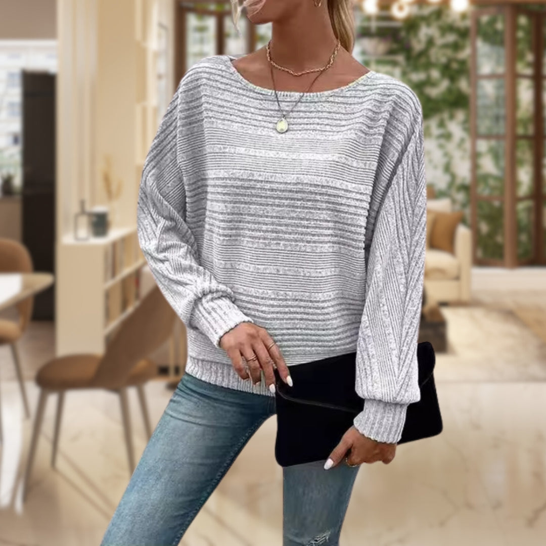 Boat Neck Sweater - Women's Long Sleeve Knitted Pullover Sweater -Grace Aura