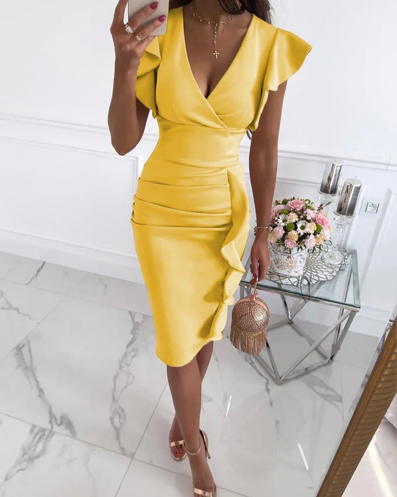 Bodycon Dress - Elegant V-Neck Ruffle Formal Midi Dress-Grace Aura