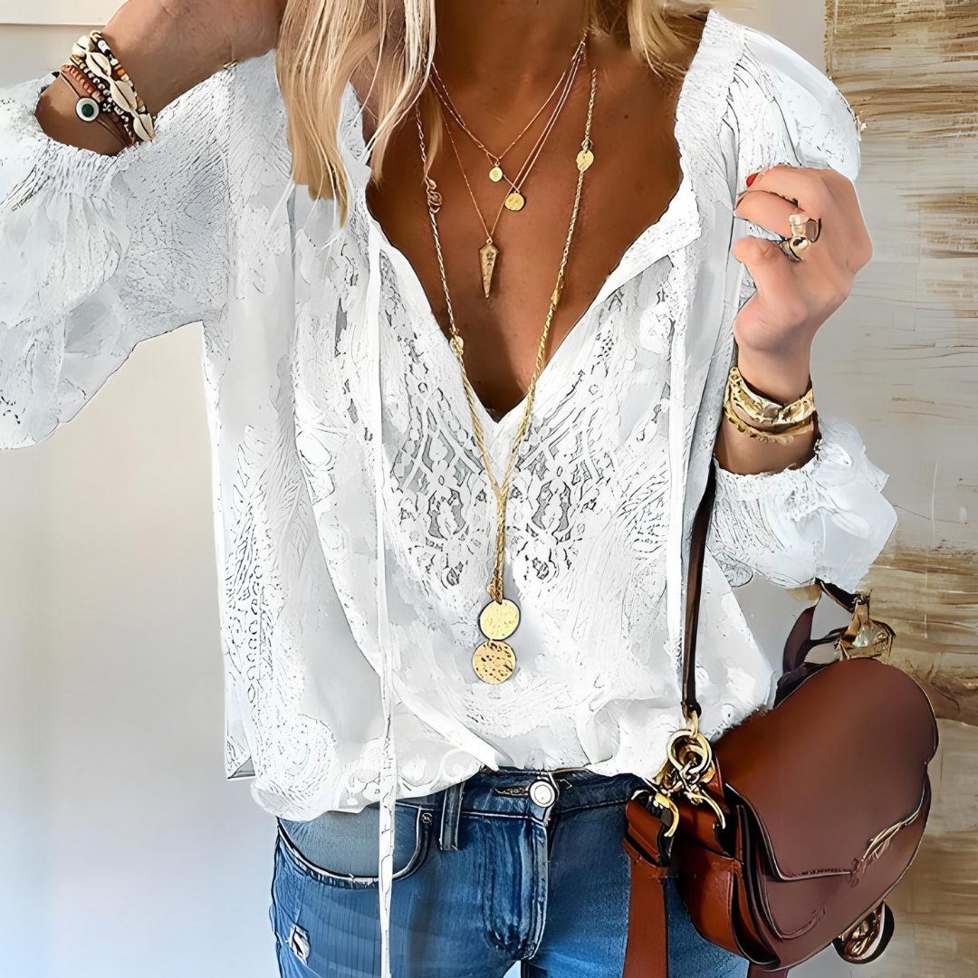 Boho Blouse | Lace | Loose Fit | V-Neck Blouse | Long Sleeve Top-Grace Aura