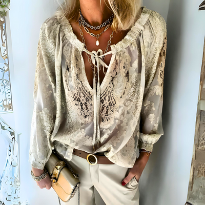 Boho Blouse | Lace | Loose Fit | V-Neck Blouse | Long Sleeve Top-Grace Aura