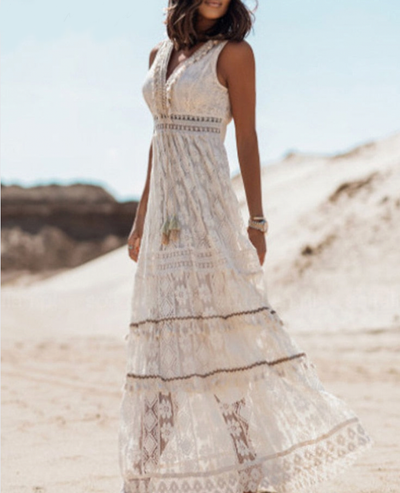 Boho Dress - Sleeveless White Lace Maxi Summer Dress-Grace Aura