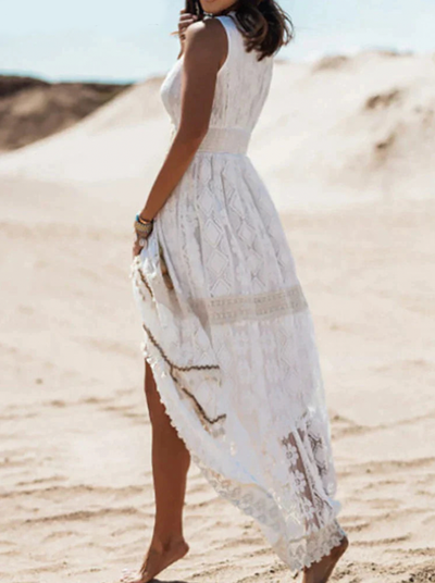 Boho Dress - Sleeveless White Lace Maxi Summer Dress-Grace Aura