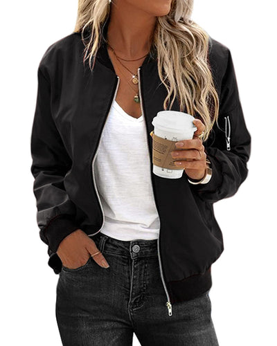 Bomber Jacket - Women's Thin Zip-Up Bomber Jacket with Pockets-Grace Aura