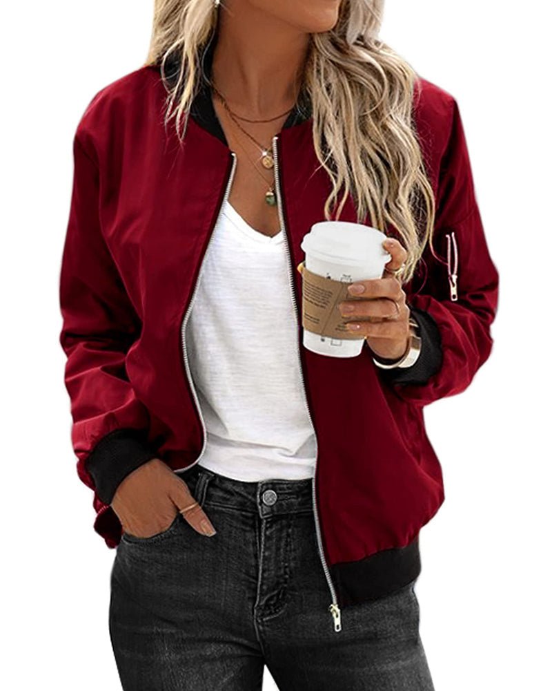 Bomber Jacket - Women's Thin Zip-Up Bomber Jacket with Pockets-Grace Aura