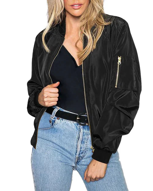 Bomber Jacket - Women's Thin Zip-Up Bomber Jacket with Pockets-Grace Aura