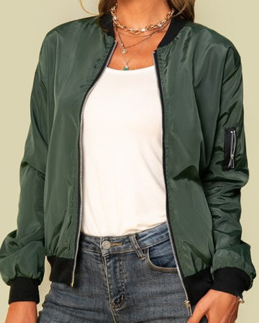 Bomber Jacket - Women's Thin Zip-Up Bomber Jacket with Pockets-Grace Aura