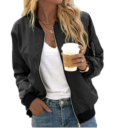 Bomber Jacket - Women's Thin Zip-Up Bomber Jacket with Pockets-Grace Aura