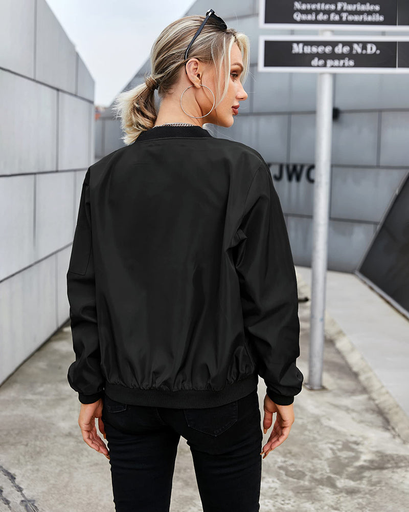 Bomber Jacket - Women's Thin Zip-Up Bomber Jacket with Pockets-Grace Aura