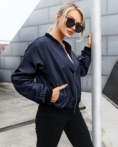 Bomber Jacket - Women's Thin Zip-Up Bomber Jacket with Pockets-Grace Aura