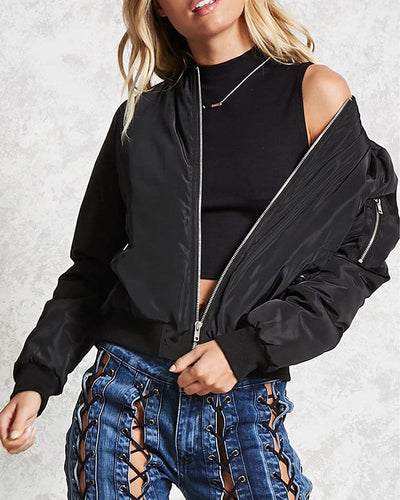 Bomber Jacket - Women's Thin Zip-Up Bomber Jacket with Pockets-Grace Aura