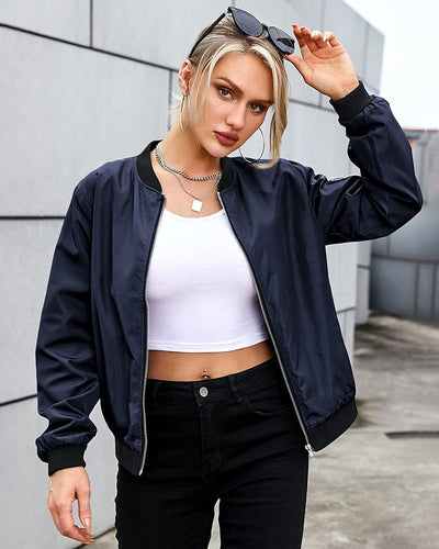 Bomber Jacket - Women's Thin Zip-Up Bomber Jacket with Pockets-Grace Aura