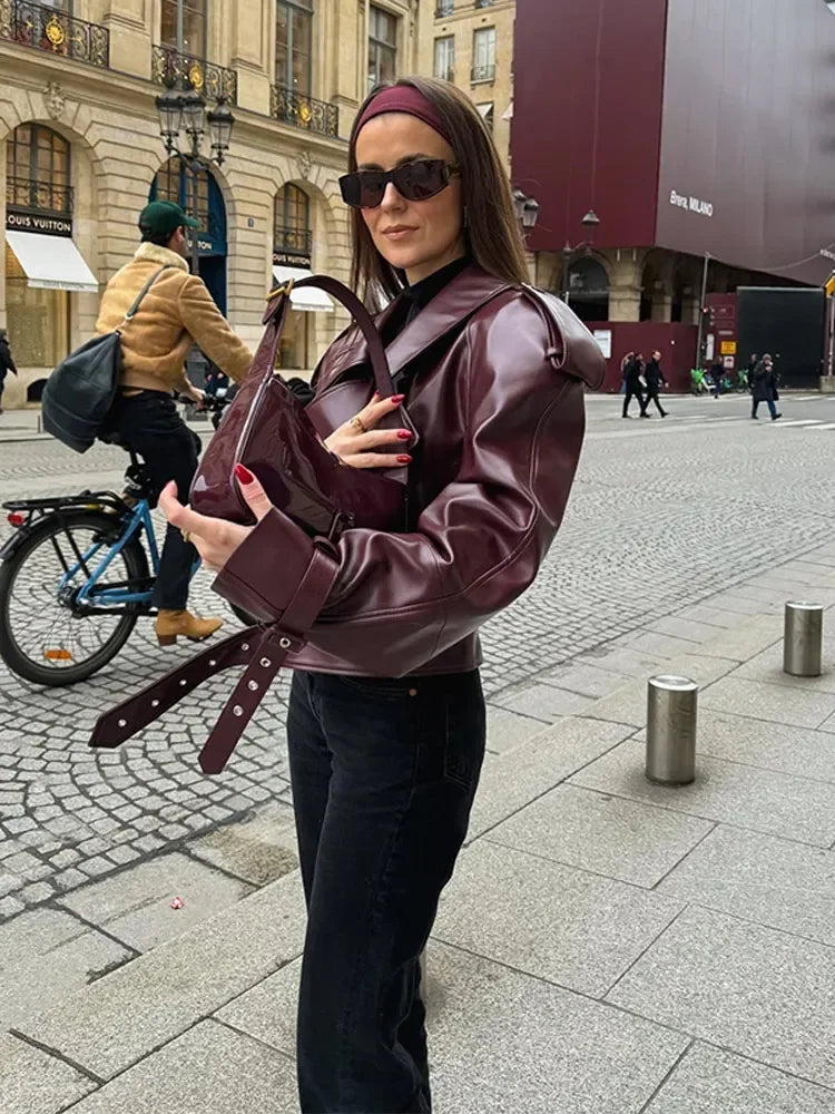 Burgundy Leather Jacket - Women's Leatherette Biker Jacket with Belt-Grace Aura