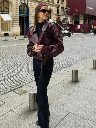 Burgundy Leather Jacket - Women's Leatherette Biker Jacket with Belt-Grace Aura