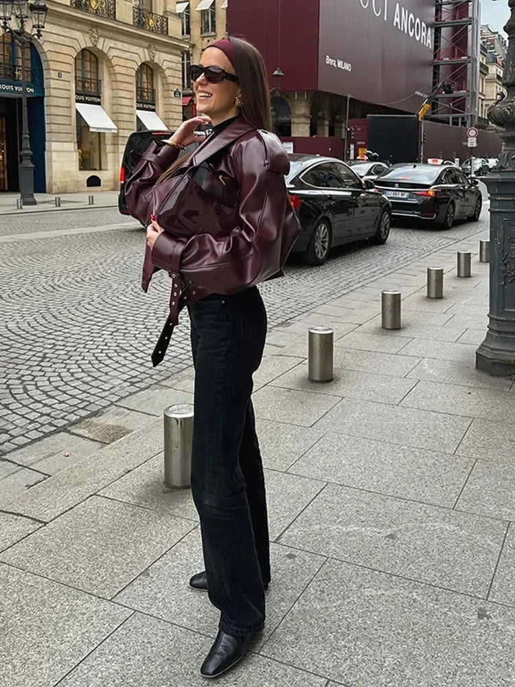 Burgundy Leather Jacket - Women's Leatherette Biker Jacket with Belt-Grace Aura