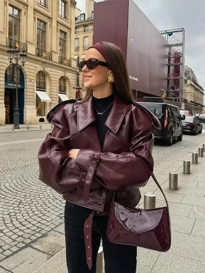 Burgundy Leather Jacket - Women's Leatherette Biker Jacket with Belt-Grace Aura