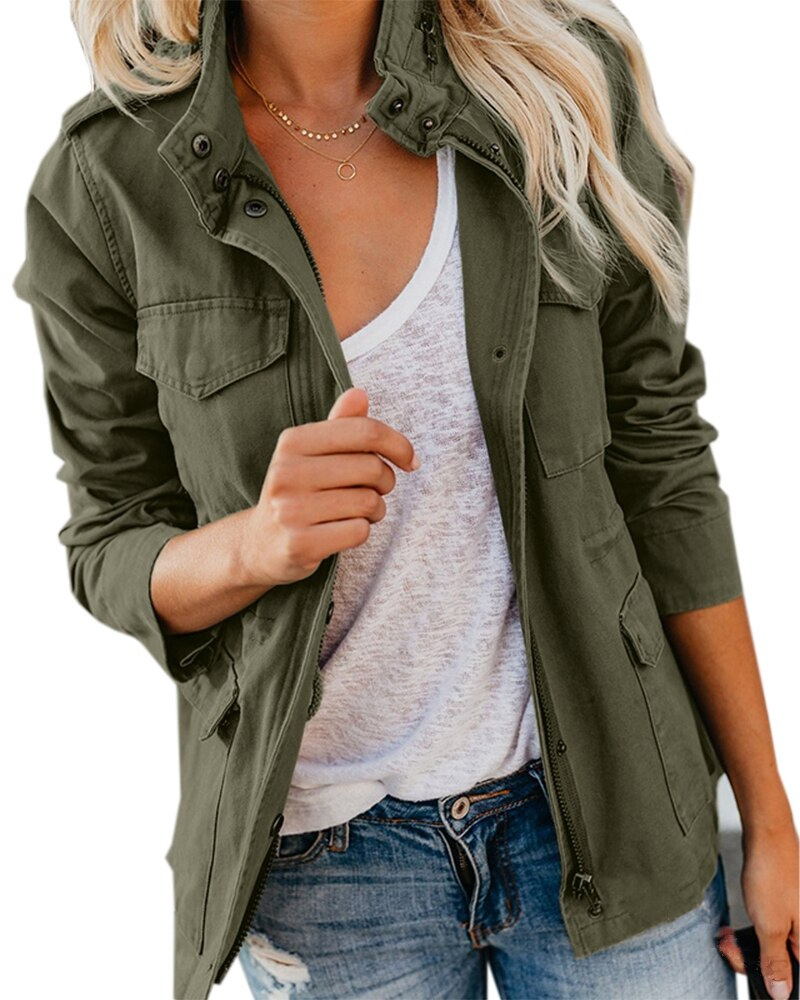 Cargo Jacket - Pockets - Zip-Up - Short Jacket - Women's Jacket-Grace Aura