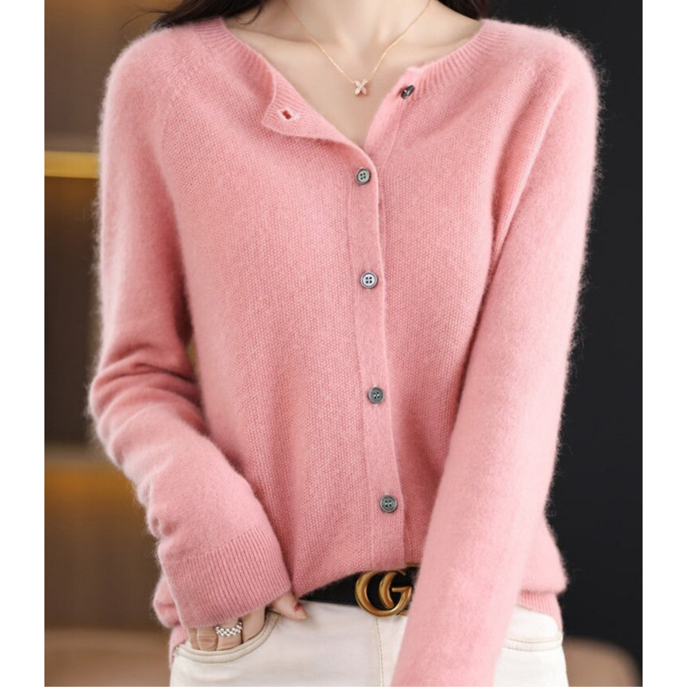 Cashmere Cardigan - Button-Up - Long Sleeve - Knitted Cardigan - Women's Clothing-Grace Aura