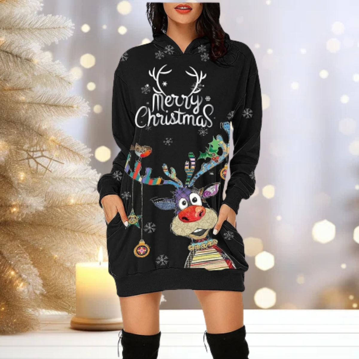 Christmas Hoodie - Cozy - Reindeer - Hoodie Dress - Women's Christmas Pullover-Grace Aura