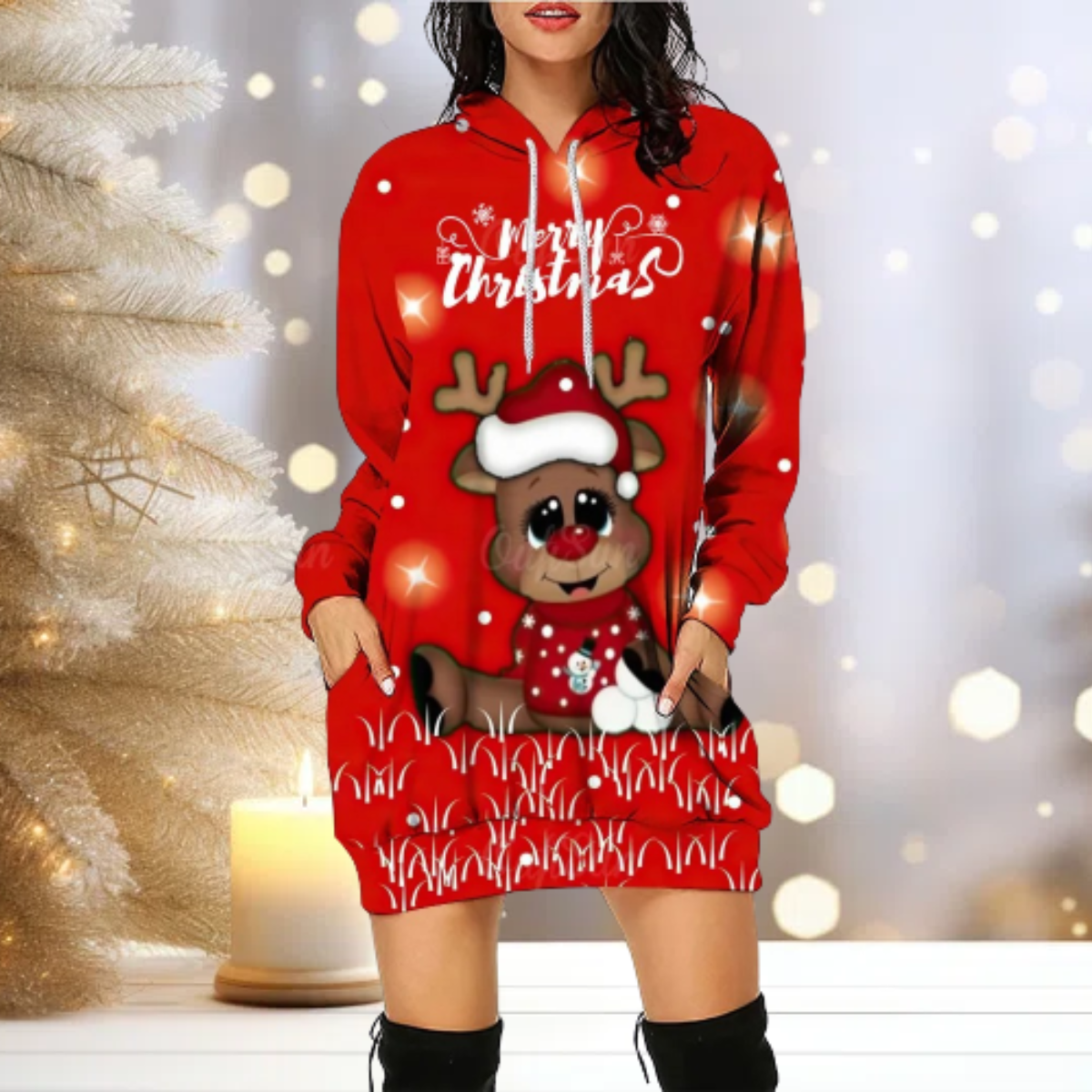 Christmas Hoodie - Cozy - Reindeer - Hoodie Dress - Women's Christmas Pullover-Grace Aura