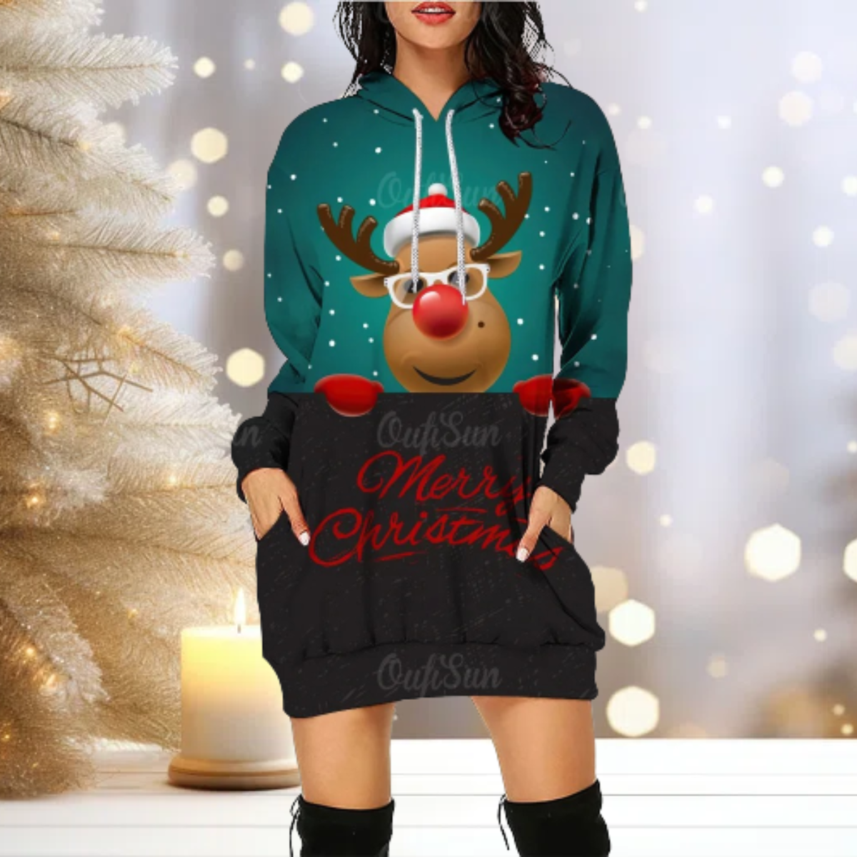 Christmas Hoodie - Cozy - Reindeer - Hoodie Dress - Women's Christmas Pullover-Grace Aura