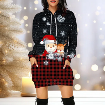 Christmas Hoodie - Cozy - Reindeer - Hoodie Dress - Women's Christmas Pullover-Grace Aura