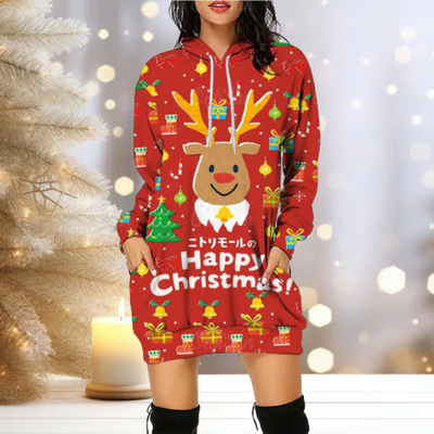 Christmas Hoodie - Cozy - Reindeer - Hoodie Dress - Women's Christmas Pullover-Grace Aura