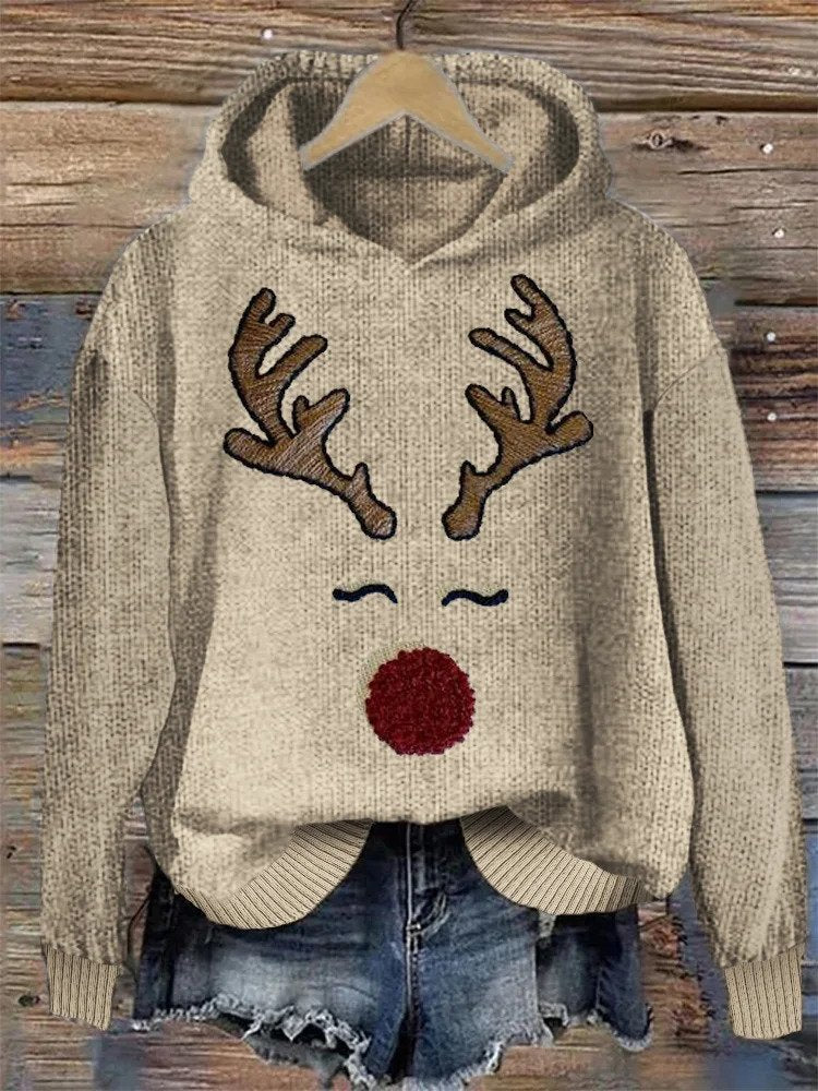 Christmas Jumper | Loose Fit | Reindeer | Knitted Hoodie | Women's Winter Clothes-Grace Aura