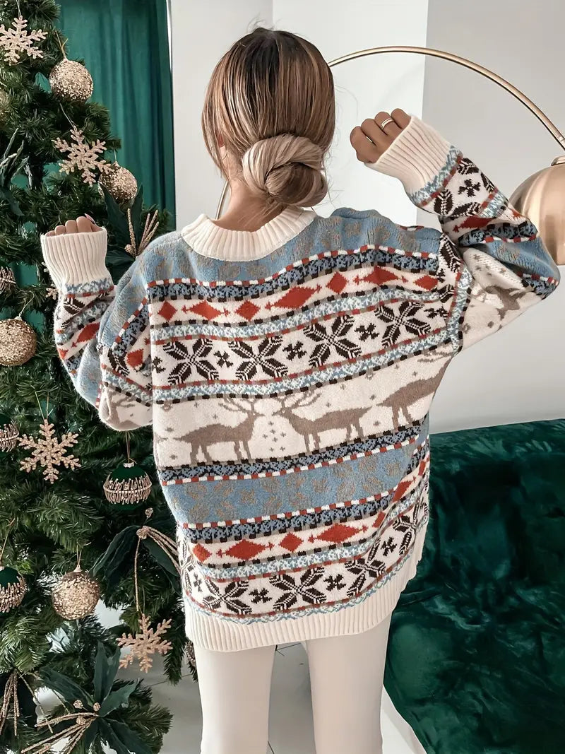 Christmas Jumper - Oversized Knitted Crew Neck Christmas Pullover Sweater-Grace Aura