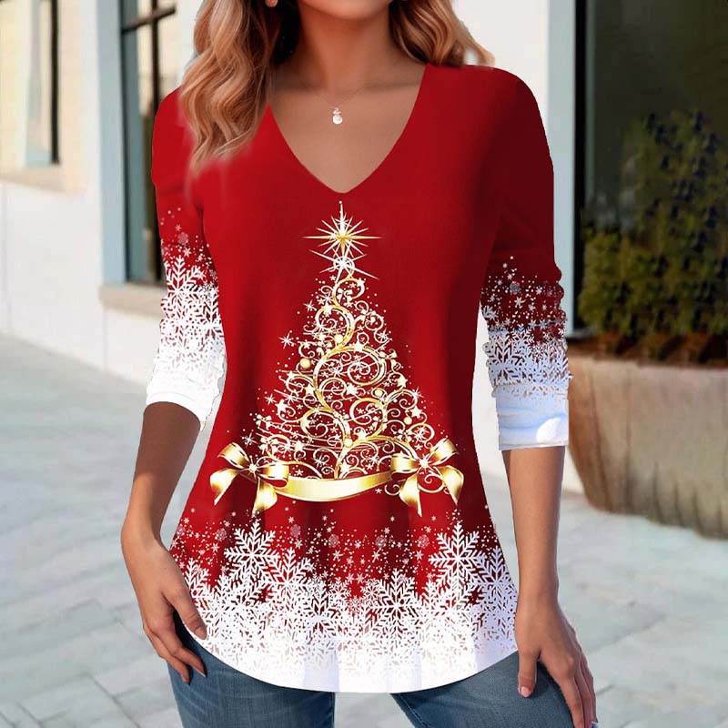 Christmas Pullover | Long Sleeve | V-Neck | Blouse | Xmas Sweaters for Ladies-Grace Aura