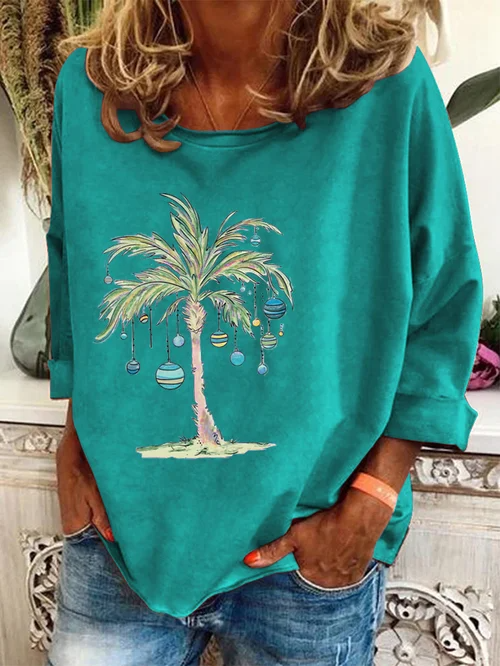 Christmas Pullover | Palm Tree | Loose Fit | Christmas Shirts | Long Sleeve Shirts for Women-Grace Aura