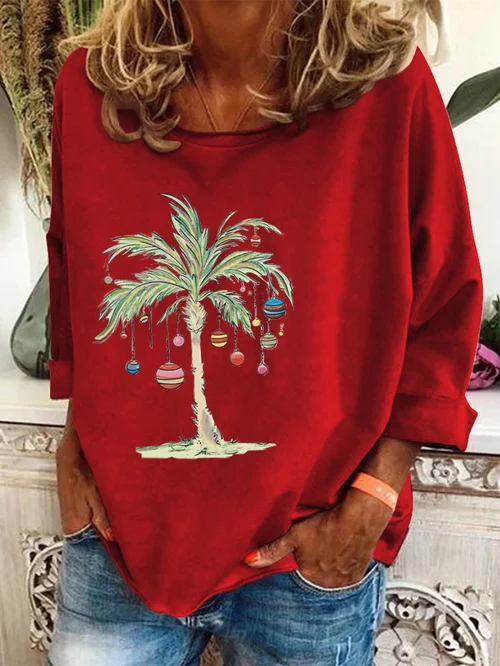 Christmas Pullover | Palm Tree | Loose Fit | Christmas Shirts | Long Sleeve Shirts for Women-Grace Aura