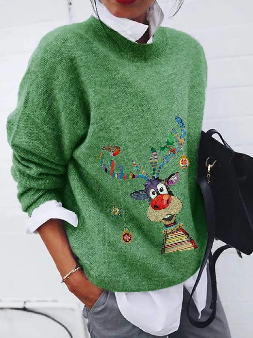 Christmas Sweater - Women's Loose Fit Green Knitted Rudolf Pullover-Grace Aura