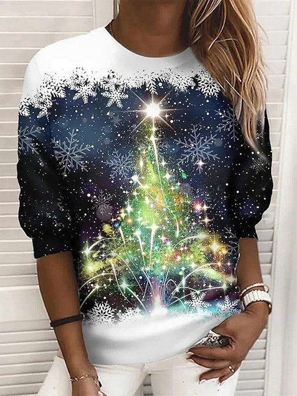 Christmas Sweatshirt - Women's Long Sleeve Snowflake Christmas Tree Pullover-Grace Aura