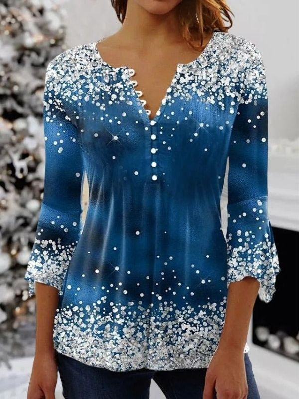 Christmas Top - Women's Blue V-Neck Snowflake Long Sleeve Blouse-Grace Aura