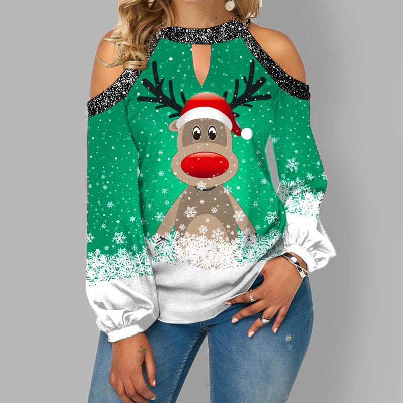 Christmas Top - Women's Long Sleeve Off-Shoulder Rudolf Blouse-Grace Aura