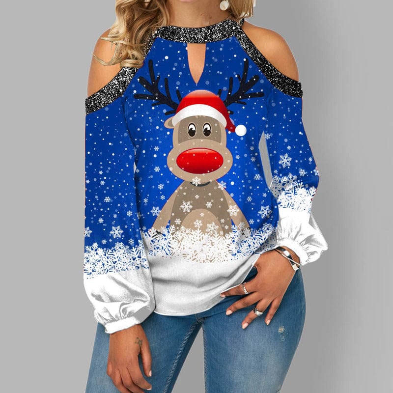 Christmas Top - Women's Long Sleeve Off-Shoulder Rudolf Blouse-Grace Aura