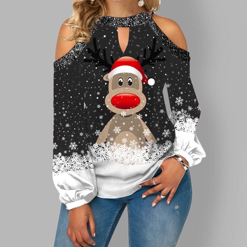 Christmas Top - Women's Long Sleeve Off-Shoulder Rudolf Blouse-Grace Aura