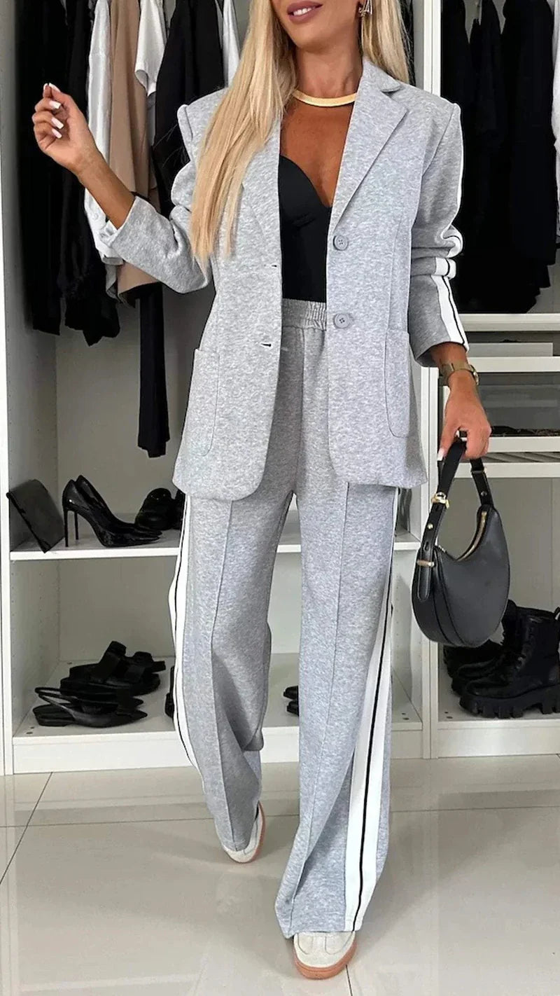 Co-Ord Set - Women's Blazer and Wide Leg Jogger Pants Two-Piece Set-Grace Aura